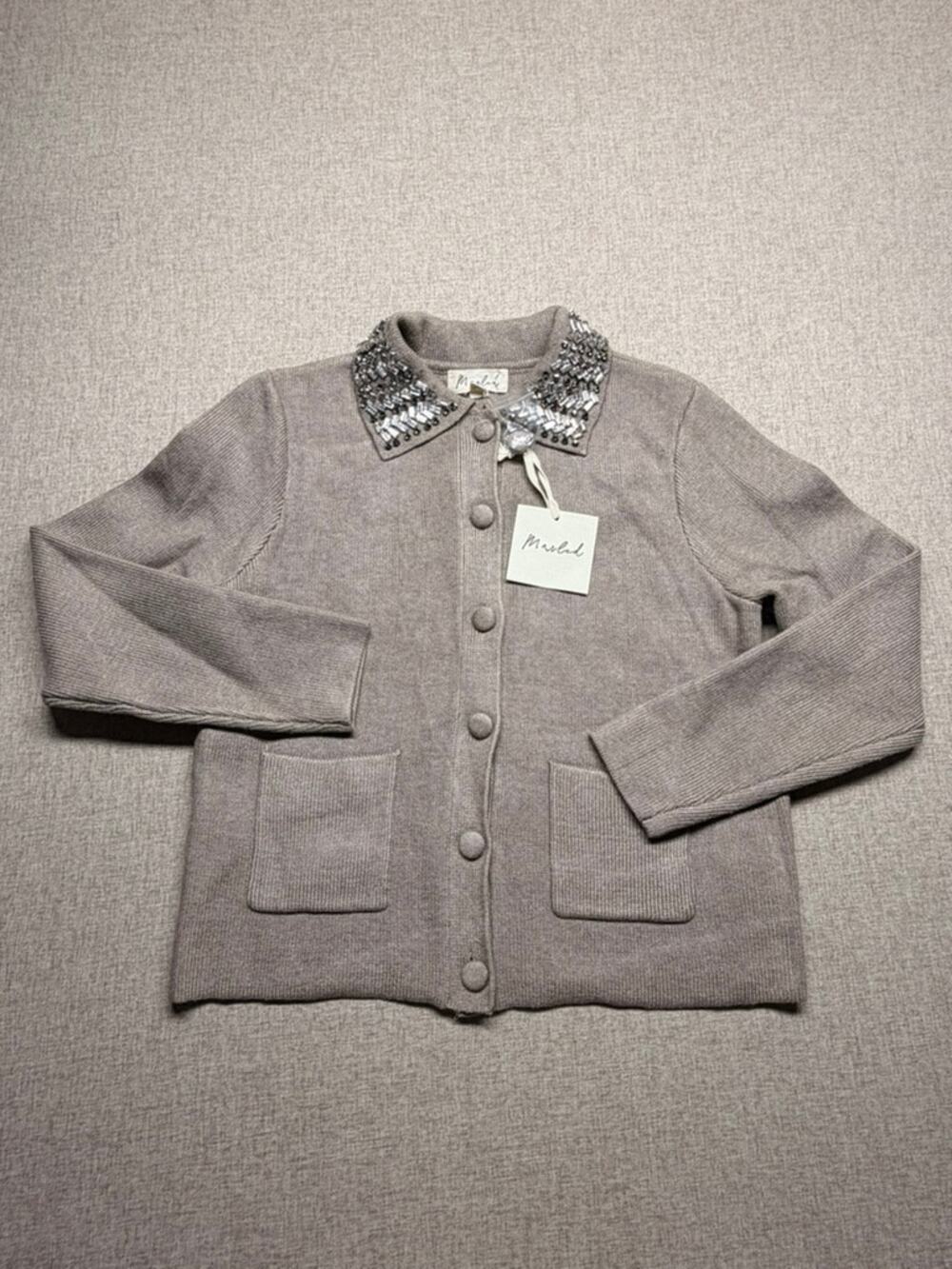 Marled NWT Jeweled Collar Cardigan Sweater Taupe Grey Crystal Gem Embellished